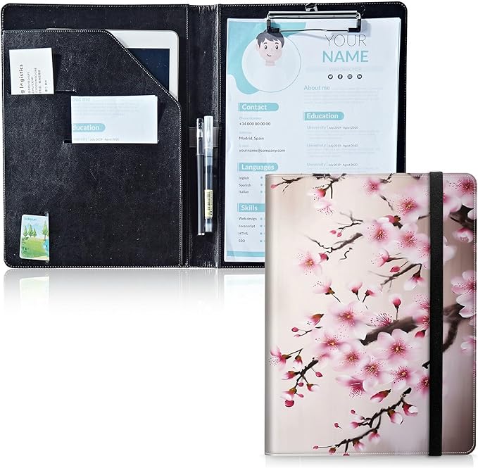 Padfolio Folder with Clipboard,Portfolios Organizer Clipboards with Storage Clipboard Writing Pad PU Leather Conference Document Organizer with Business Card Holder,Cherry Blossom