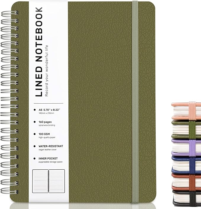ABERLLS Green Lined Spiral Journal Notebook with 160 Pages, 8×5.7in, A5 Spiral Notebook, Journaling Notebooks for Work, School, Women, Men, College Ruled Spiral Notebook, Hardcover Leather Journals