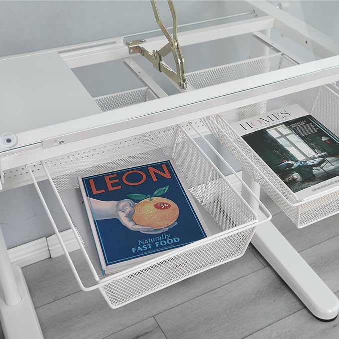 Hand Adjustable Height Drafting Table Artist Drawing Table Multifunctional Art Craft Artists Desk Tilting Glass Tabletop Glass Topped Art Desk Work Station With Stool and Chair for Home Office White