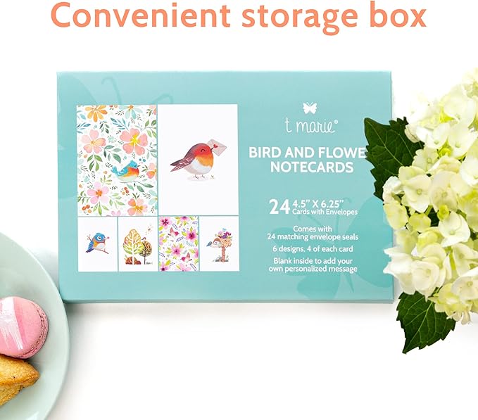 T MARIE 24 Blank Greeting Cards 4.5” x 6.25” with Envelopes and Stickers, Card Assortment Pack for All Occasions - Floral Watercolor Birds Boxed Set