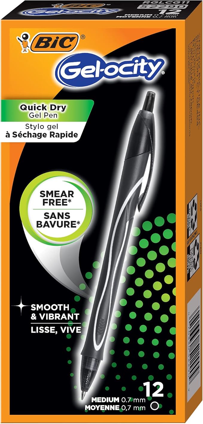 BIC Gel-Ocity Quick Dry Gel Pens, Medium Point Retractable (0.7mm), Black Ink Gel Pen, 12-Count- Pack of 18