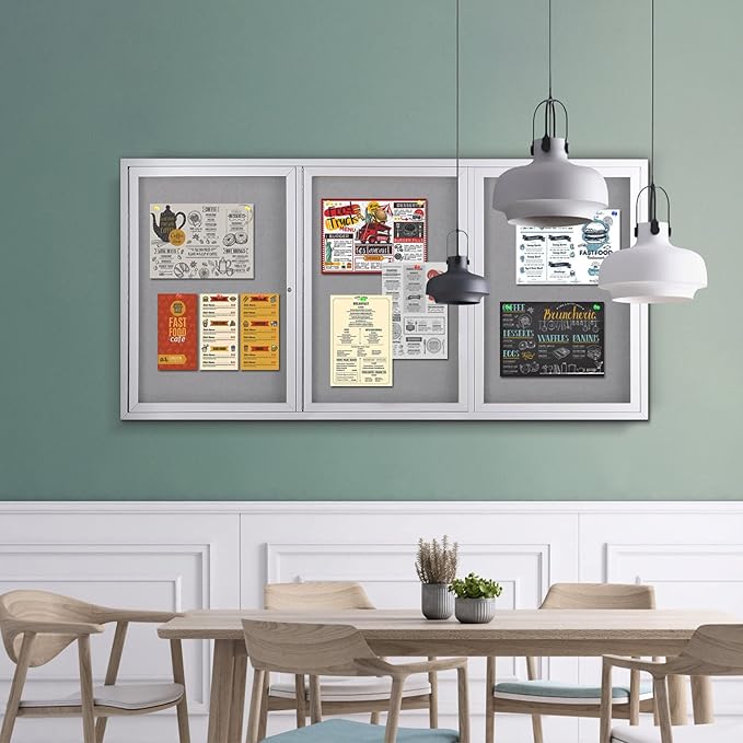 SWANCROWN Weather Resistant Enclosed Bulletin Board Cork Displays Case Wall Mounted Notice Cabinet with Three Lockable Doors, 70x36 inches