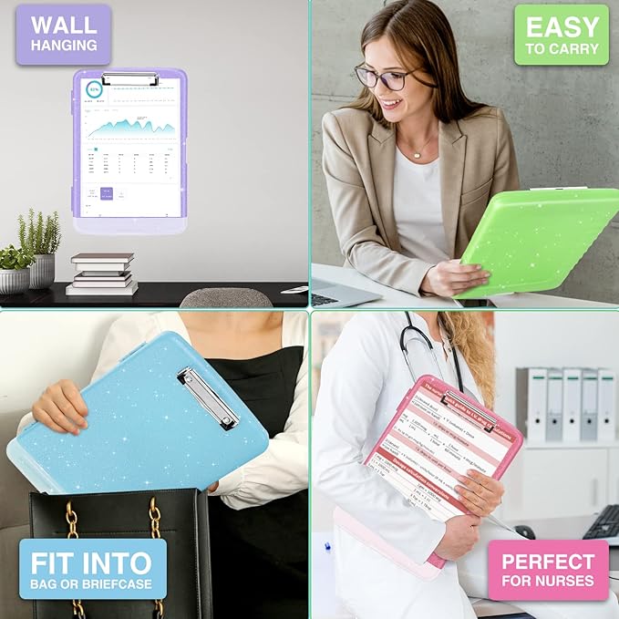 Sooez Glitter Clipboard with Storage, High Capacity Storage Clipboard with Pen Holder, Cute Clip Boards 8.5x11 with Low Profile Clip, Sparkle Plastic Clipboard Case Box for Women & Kids, Side Opening