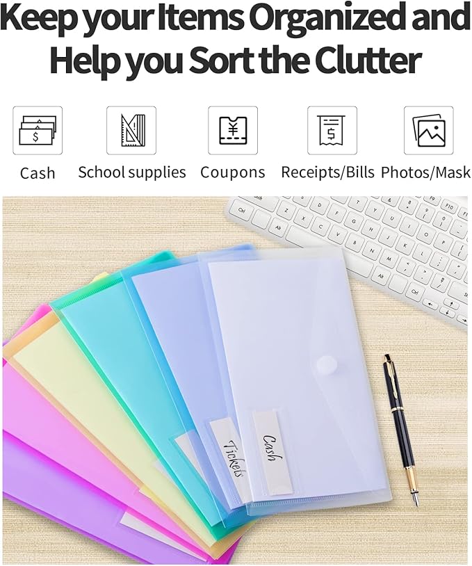 Sooez Small Plastic Envelopes, 12 Pack Plastic Pouch with Label Pocket, Pencil Pouch, Reusable Envelopes,Pencil Case Bulk, Money Envelopes, 9.4 x 4.7 Inches