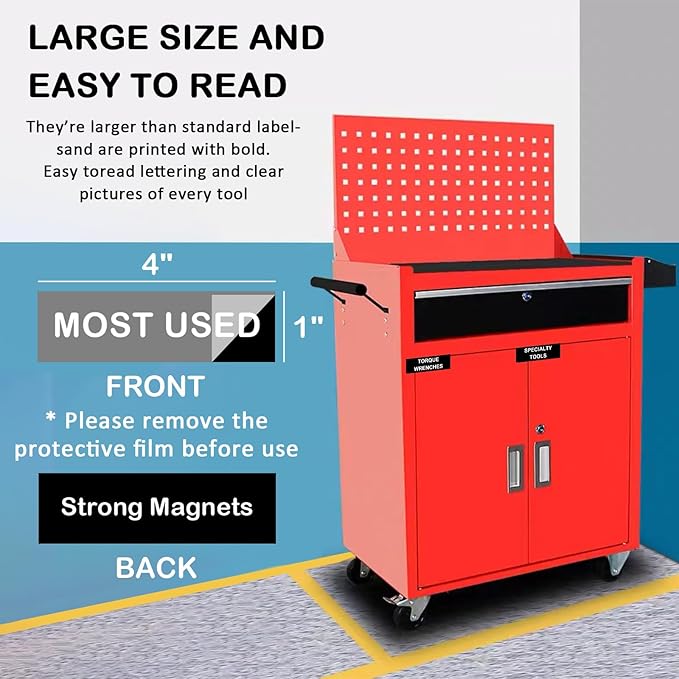 Tool Box Organization Magnetic Labels,Tool Chest Organizer Labels with Strong Magnets,Easy to Read Printing - Fits All Brands of Steel Tool Box Drawers (72 Pcs, 4 x 1 Inches)