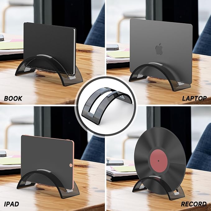 Black Acrylic Vertical Laptop Stand, Premium Transparent Desktop Notebook Dock, Space-Saving Vertical Laptop Holder for MacBook, IPAD, Book