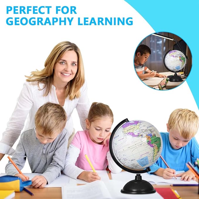 8 Inch World Globe with Stand Rotating Earth Spinning Globe for Kids Geography Classroom Education or Decorations (White)