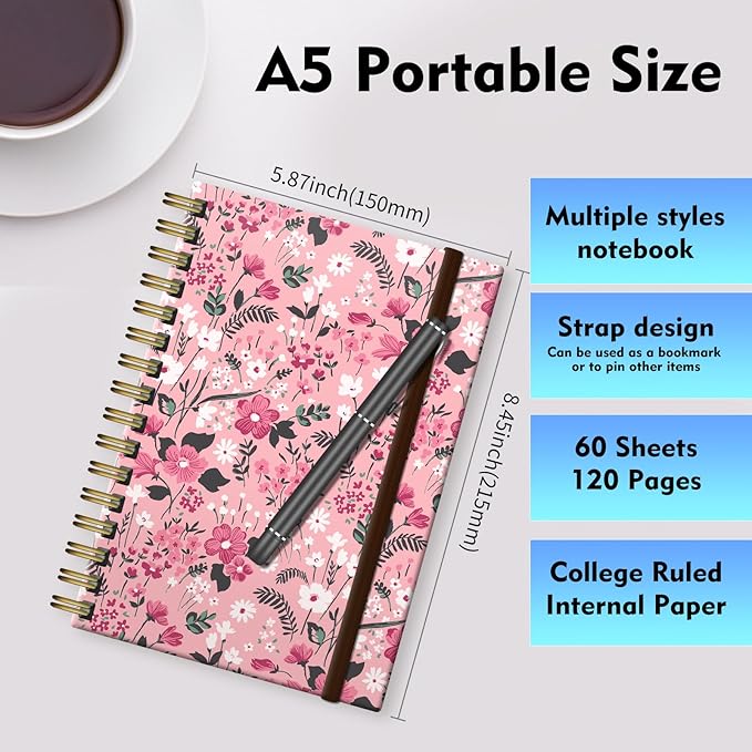Spiral Journal Notebook, A5 Cute Notebooks for Women Men, College Ruled Hardcover Notebook for Work & Note Taking, 60 Pages Double-Wire Journals for Writing Pink Boho Flowers
