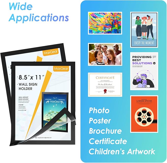 MaxGear Magnetic Sign Holder 8.5 x 11 Wall Mount, Self Adhesive Display Picture Frames with Strong Magnetic Border and Clear PVC, Document Poster Paper Holder for Home Office Store, 3 Pack