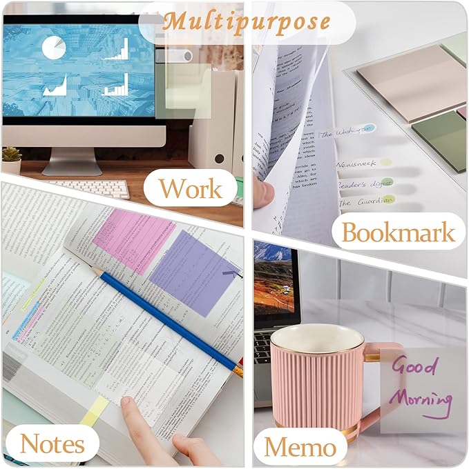 BAYTORY 700 Sheets Transparent Sticky Notes, Clear Bright Waterproof 3 x 3 inch See Through Memo Pad, Self-Adhesive Translucent Writable Index Tabs for Annotating Book, Office & School Study Supplies