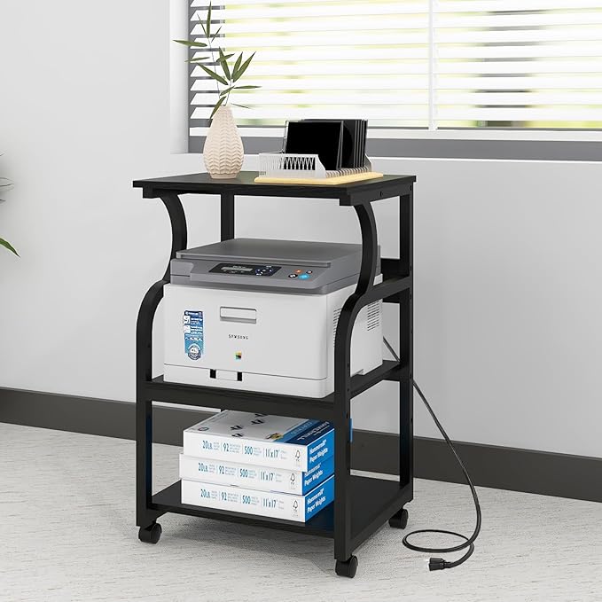 Natwind 3 Tier Printer Stand,Printer Table with Adjustable Storage Shelf, Rolling Printer Cart with Wheels for Home Office Organization,Multifunctional Shelves for Heat Press,3D Printer (Black)
