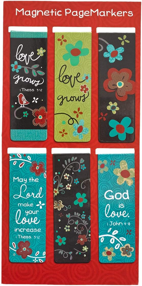 Christian Art Gifts Magnetic Scripture Bookmark Set with Bible Verse: God's Love Never Fails - Inspirational Magnetic Pagemarkers Set of 6 for Bible and Books, Floral Themed Bookmark, Size 2.3" x 0.8"