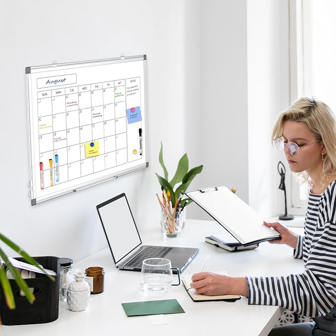 Monthly Calendar Dry Erase Whiteboard for Wall, 36" x 24" Double-Sided Calendar White Board, Magnetic Portable Board for Office, Kitchen, School, Home