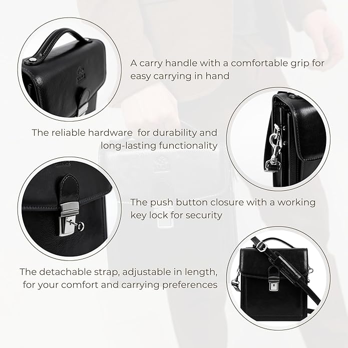 Time Resistance Small Leather Briefcase for Men - Crossbody Bag - Italian Leather Messenger Bag - Gift Box Included