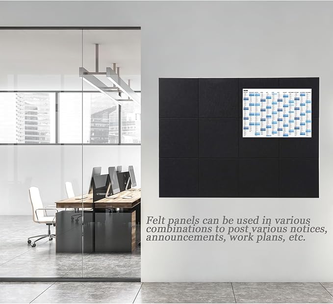 LAJAR Large Felt Wall Tiles, 12 Pack Cork Board Alternative with Removable Adhesive Tabs, Bulletin Pin Boards for Office, School and Home (Black)