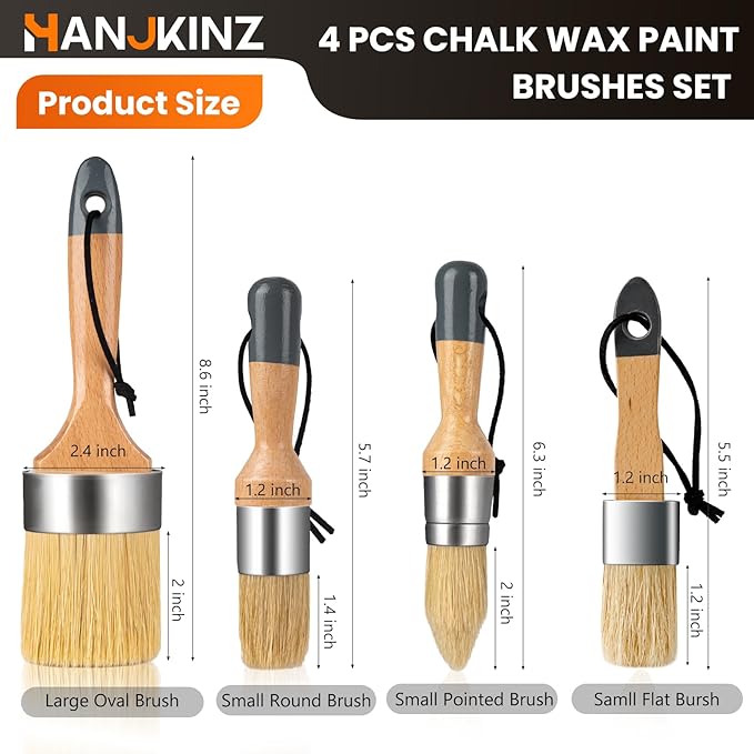 Chalk and Wax Paint Brush 4Pcs Set, Chalk Paint Brushes for Furniture, Painting or Waxing, Milk Paint, Natural Bristle Stencil Brushes for All Painting and Waxing