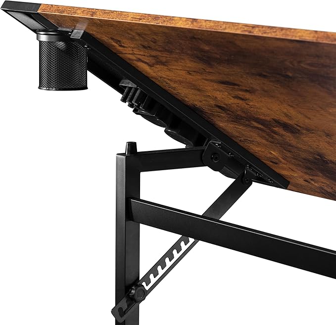 VECELO Vintage Drawing Drafting Table, Adjustable Tilting Top Art Desk Craft Work Station with Pencil Ledge Lockable Slide Rolling Wheels for Painting Diamond Reading Writing Study, Rustic Brown