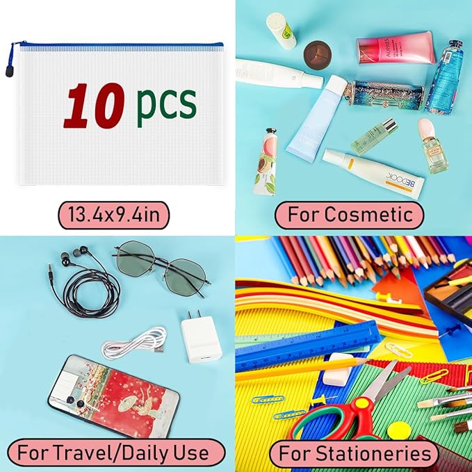 AUSTARK 10 Pcs Zipper File Bags, Waterproof Plastic Mesh Pouch for Office School, Board Game Storage Bags (A4 Size 13.4''x9.4'', White and Blue)