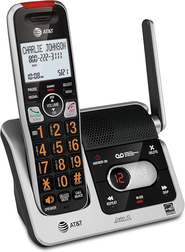 AT&T BL102 DECT 6.0 Cordless Phone for Home with Answering Machine, Call Blocking, Caller ID Announcer, Audio Assist, Intercom, and Unsurpassed Range, Silver/Black