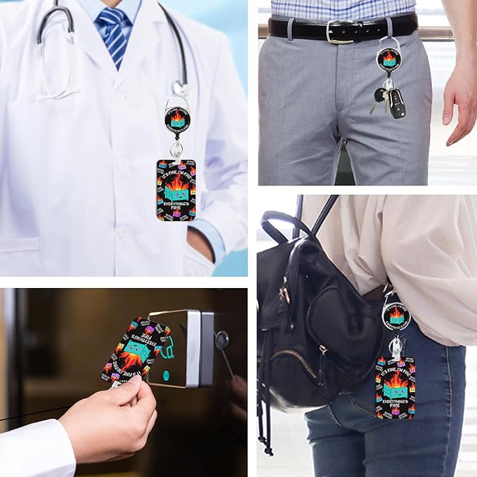 Dumpster Fire Badge Holder with Retractable Reel and Breakaway Lanyard,Badge Clips Retractable Heavy Duty Badge Reel,Keychain,ID Holder with Breakaway Lanyard for School Nurse Office Teen