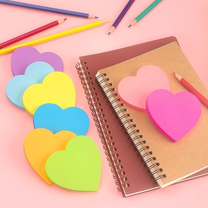 SIMONA Heart Shape Sticky Notes 8 Color Bright Colorful Sticky Pad 75 Sheets/Pad Self-Sticky Note Pads