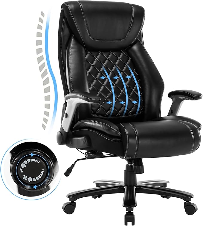 Big and Tall Office Chair 400LBS High Back Executive Chair Computer Chair- Adjustable Lumbar Support with Flip-Up Arms Large Desk Swivel Chair with Heavy Duty Metal Base,Black