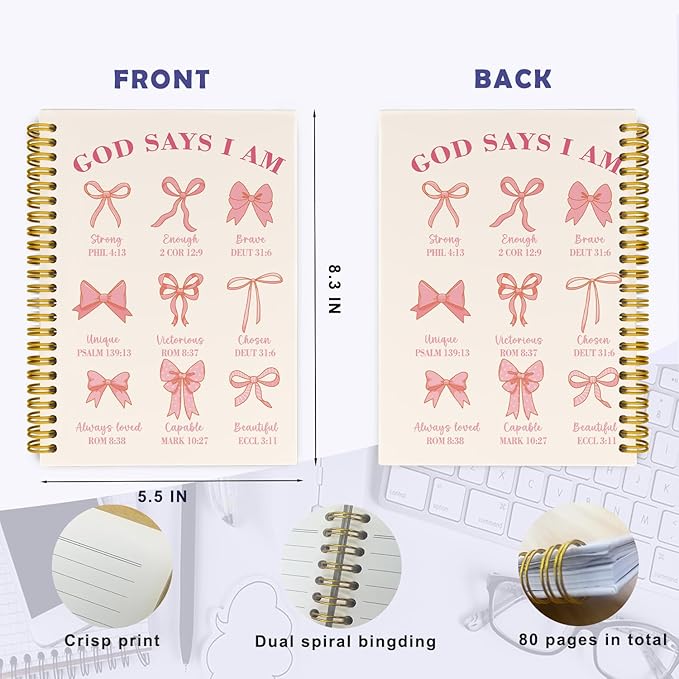 Coquette Pink Bows Spiral Bible Notebook, Christian Gifts for Women Girls, God Says I Am Christian Scripture Prayer Journal, Church Notes Notebook, Hardcover Notebooks College Ruled 5.5 x 8.3