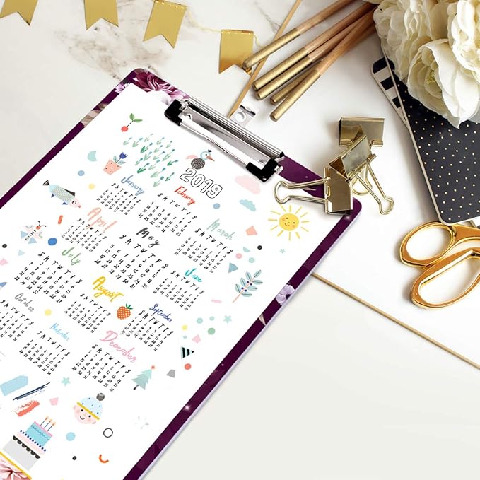 WAVEYU Letter Size Clipboard, Cute Decorative Clipboard with Low Profile Clip for Students Nurse Flower Clipboard Designed for Office School, Purple Flower (12.5"x9")