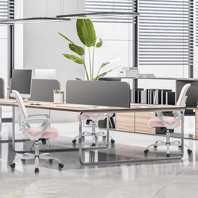 Sweetcrispy Office Computer Desk Managerial Executive Chair, Ergonomic Mid-Back Mesh Rolling Work Swivel Chairs with Wheels, Comfortable Lumbar Support, Comfy Arms for Home,Bedroom,Study,Student,Pink