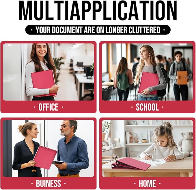 3 Ring Binder 1 Inch, IntoJoy 6 Pack Clear View 3 Hole Binder PVC-Free Fits 8.5x11 Inch Paper Flexible Round Ring Binders for School Office Home Binder Supplies (Red)