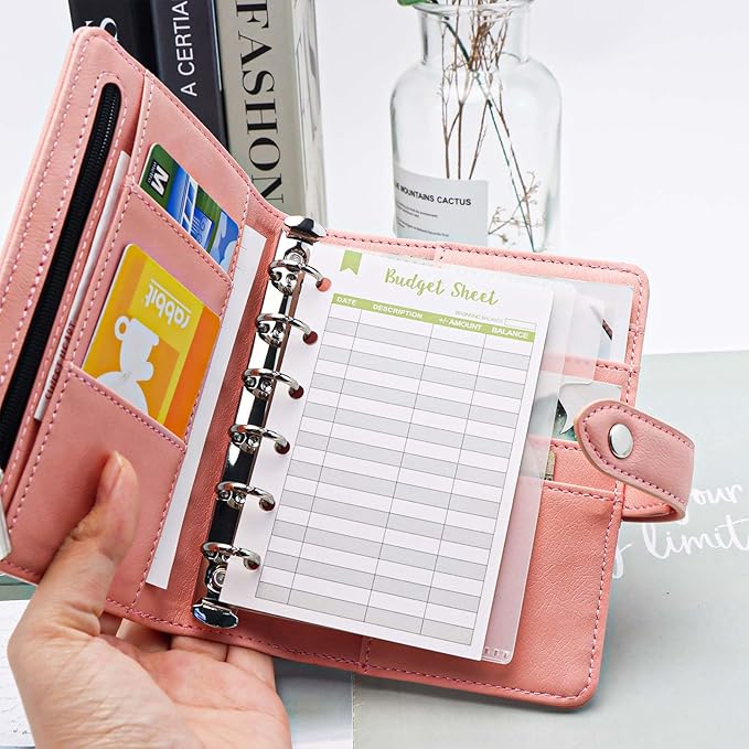 Mogoostry A7 Binder Cover Savings Binder Wallet Leather Binder Folder 6-Ring Refillable Notebook Binder Planner Cover Hardcover Budget Binder Organizer (Pink)