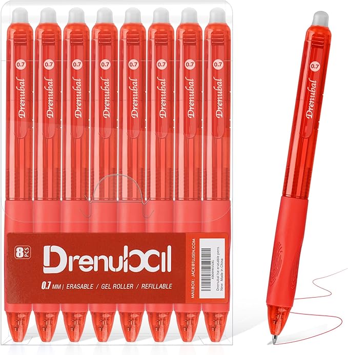8-Pack Red Erasable Pens, Gel Pens, 0.7mm Fine Point, Smooth Writing & Clean Erase Perfect for School, Office, Kids & Gift