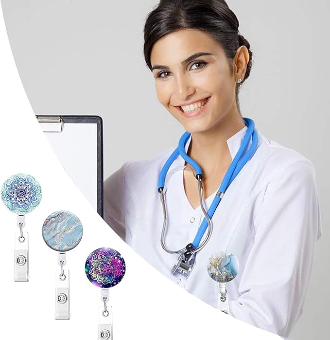 Retractable ID Badge Holder Nurse Badge Reels with Clip Name Card Holders for Office Worker Doctor Nurse (Marble and Flower 10 Pieces)