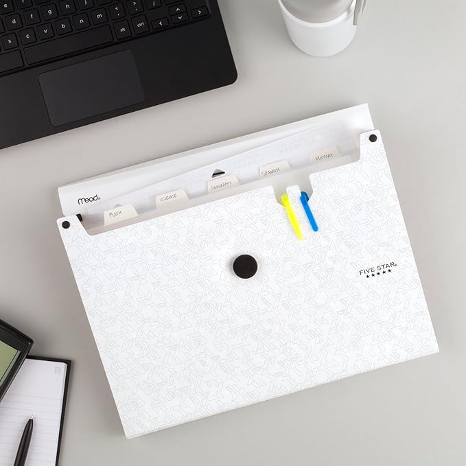 Five Star Expanding File Organizer, 6-Pocket Accordian File Organizer, Bungee Closure, Holds 11" x 8-1/2", White (350100E-ECM)
