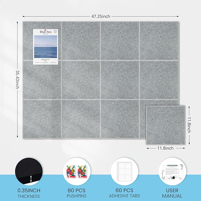 Large Cork Bulletin Board for Wall 48"x36", 12 Pack Felt Wall Tiles with 80 Pushpins, 60 Safe Removable Adhesive Tabs, Decorative Pin Board Tack Board for Office Home School, Silver Grey