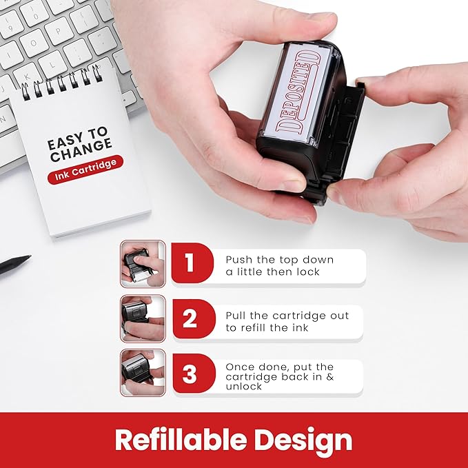 Promot Deposited Self Inking Rubber Stamp - Refillable Office Stamps - Business, Bookkeeping, Ordering, Accounting, Work, Deposit Stamper - Red Ink