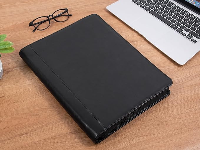 AZXCG Resume Portfolio,Zippered Padfolio Document Holder Business Folder Organizer, Faux Leather Matte Finish -Black (Customize)