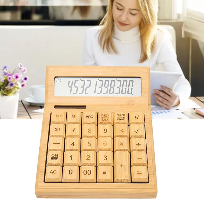 Zopsc Bamboo Calculator, Wooden Solar Calculators with 12 Bit Digital LCD Screen, Basic Standard Function Desk Calculators with 29 Big Buttons for Office Home School Store