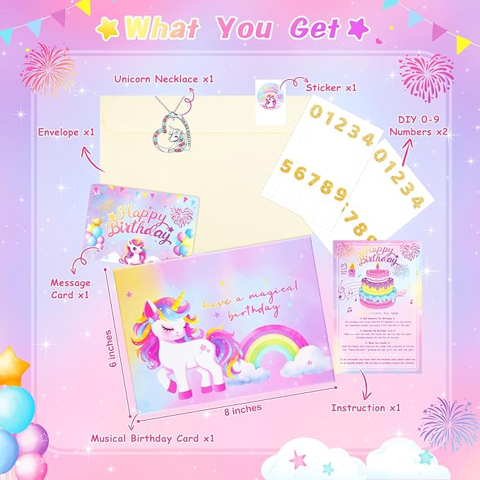 Pop Up Birthday Card with Light & Music, Unicorn 3D Birthday Card, Fireworks Greeting Card for Women Kids Girls Daughter, 3D Cake Greeting Crad with Necklace