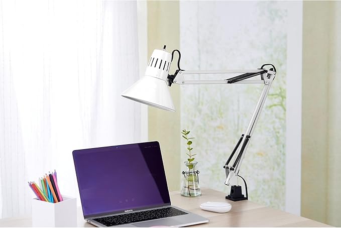 Bostitch Office VLF100-WHT Swing Arm Desk Lamp with Clamp Mount, 36" Reach with Multi-Joint Adjustment, Includes Replaceable LED Bulb (VLF), White