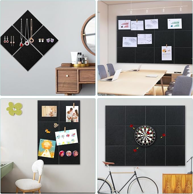 Black Cork Board 48" x 36" - 12 Pack Felt Wall Tiles with Safe Removable Adhesive Tabs - Large Cork Board for Office & Home & School Walls Decor - Black