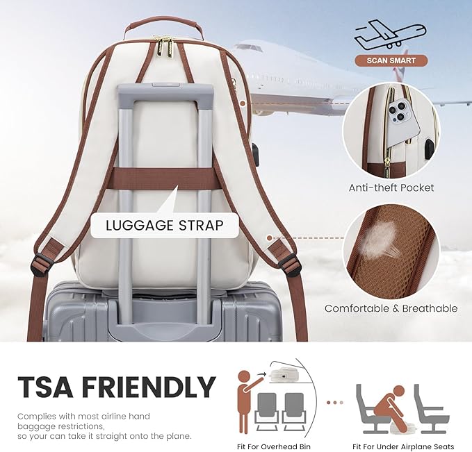 LOVEVOOK Laptop Backpack for Women 15.6 inch,Cute Womens Travel Backpack Purse,Professional Laptop Computer Bag,Waterproof Work Business College Teacher Bag Carry on Backpack with USB Port,White Brown