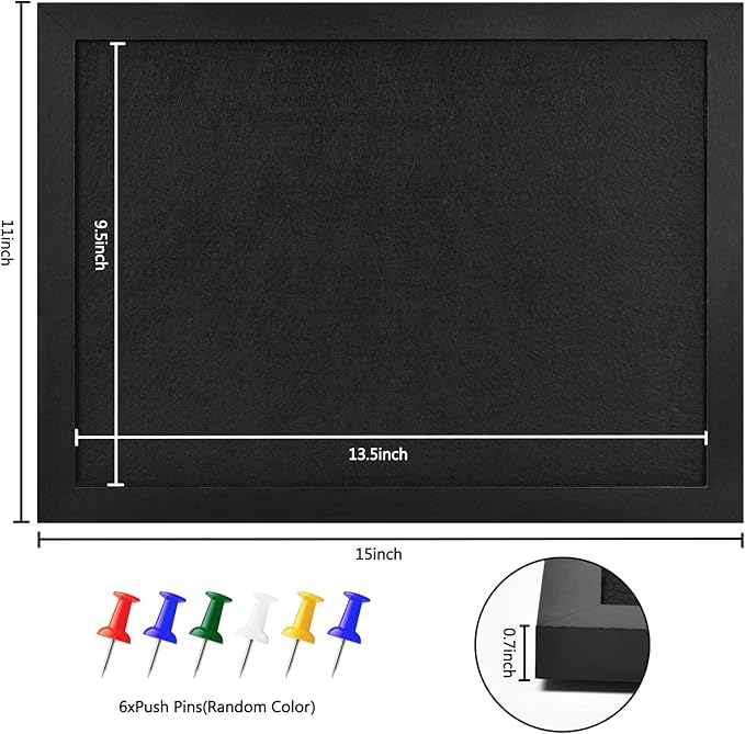 Cork Board Bulletin Board Wood Framed Display with Felt, Pin Board for Jewelry, Notes, Memos, Photos, Home, Kitchen, Office, School, Wall, 15"x11", Wood Framed(Black) & Felt(Black)