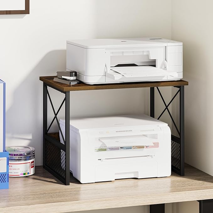 Printer Stand for Desk, Desktop Printer Stand Shelf Organzier for Home Offic, for Above and Under Desk, Fax Machine Copier Scanner, Rustic Brown