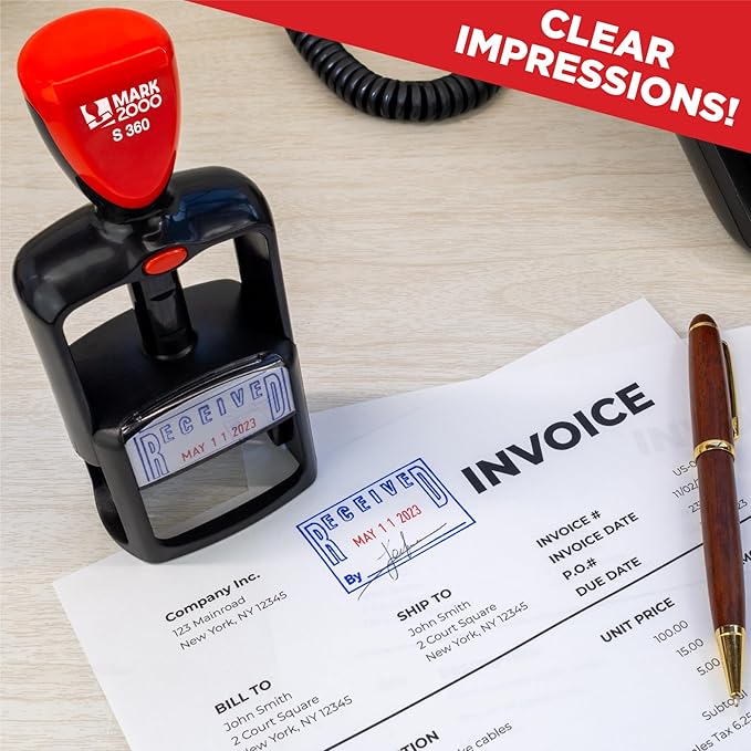 Self-Inking Rubber Date Office Stamp with Paid Phrase - Blue Ink & Date Red Ink - 12-Year Band