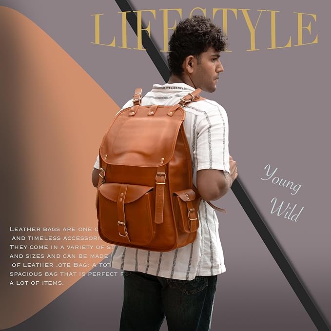 Satchel And Fable Vintage Full Grain 21 Inch Leather Laptop Large Backpack Casual Bookbag Daypack Camping Travel Rucksack Knapsack