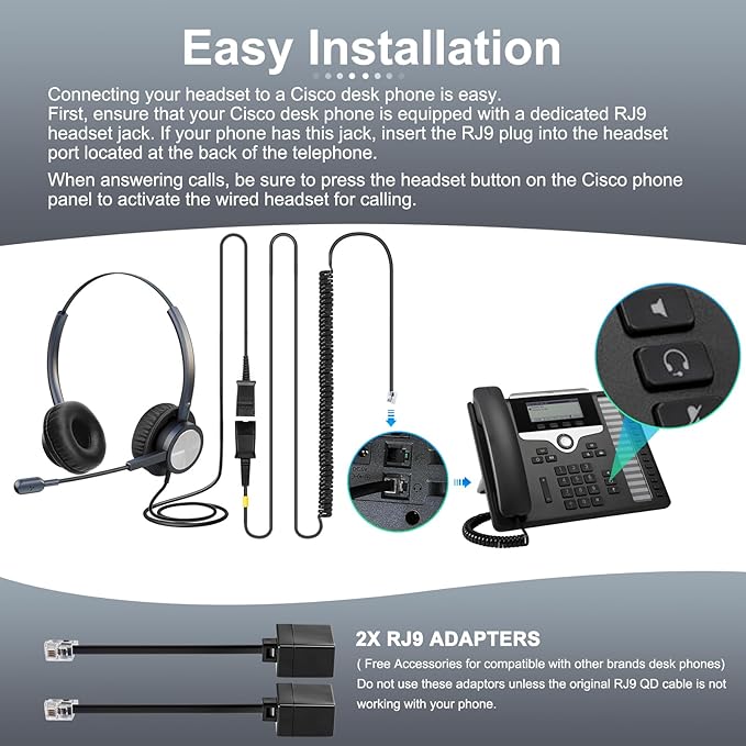 Wired Office Deskphone Landline Phone Headset with Microphone, RJ9 Noise-canceling Telephone Headset QD for Cisco IP Phone 794X 796X 797X 69XX Series & 8811,8841,8851,8861,8941,8945,8961,9951,9971...