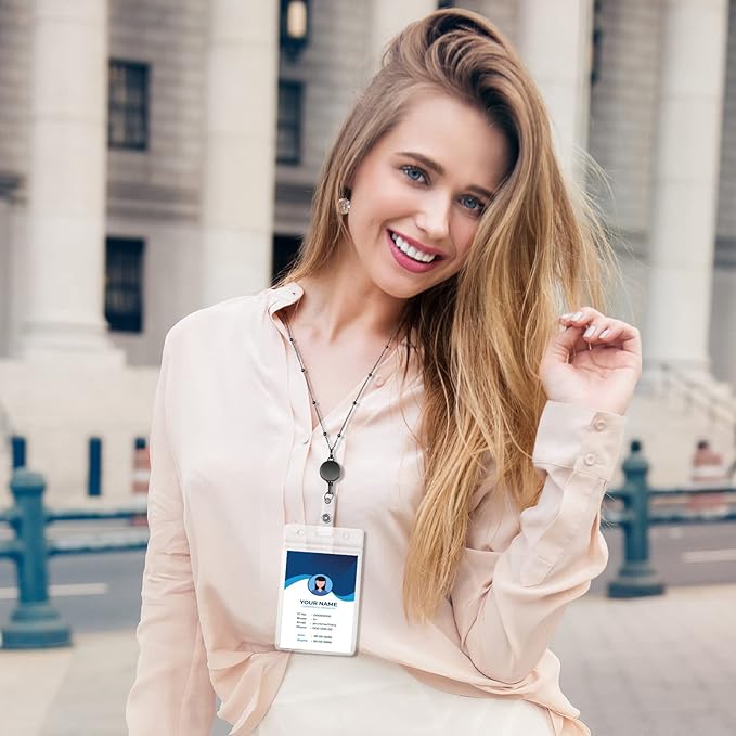 Outus 2 Pieces Badge Lanyard with ID Holders Stainless Steel Badge Holders Necklace Retractable Reel Clip Chain Water Resistant Name(Gray, Silver)