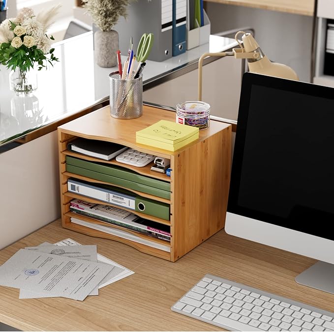 Bamjoy Bamboo 5 Tier Desktop Organizer, Paper Organizer Mail Sorter, File Holder Letter Document Storage with Adjustable Shelves for School Home Office, Natural
