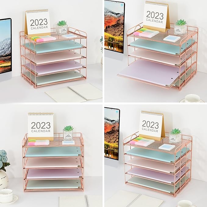 5 Tier Mesh Paper Letter Tray Organizer, Desktop Office Supplies Organizer for Desk, Desk Organizers and Accessories (Rose Gold)